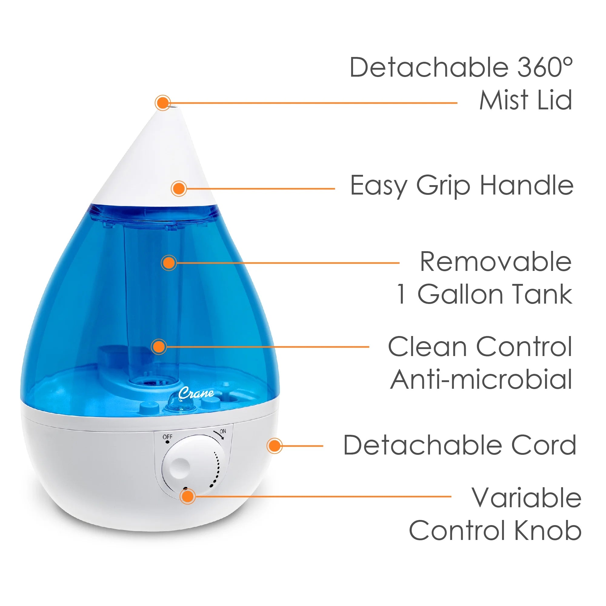 Crane - Drop Ultrasonic Cool Mist Humidifier Aqua - EE-5301B, Aqua
