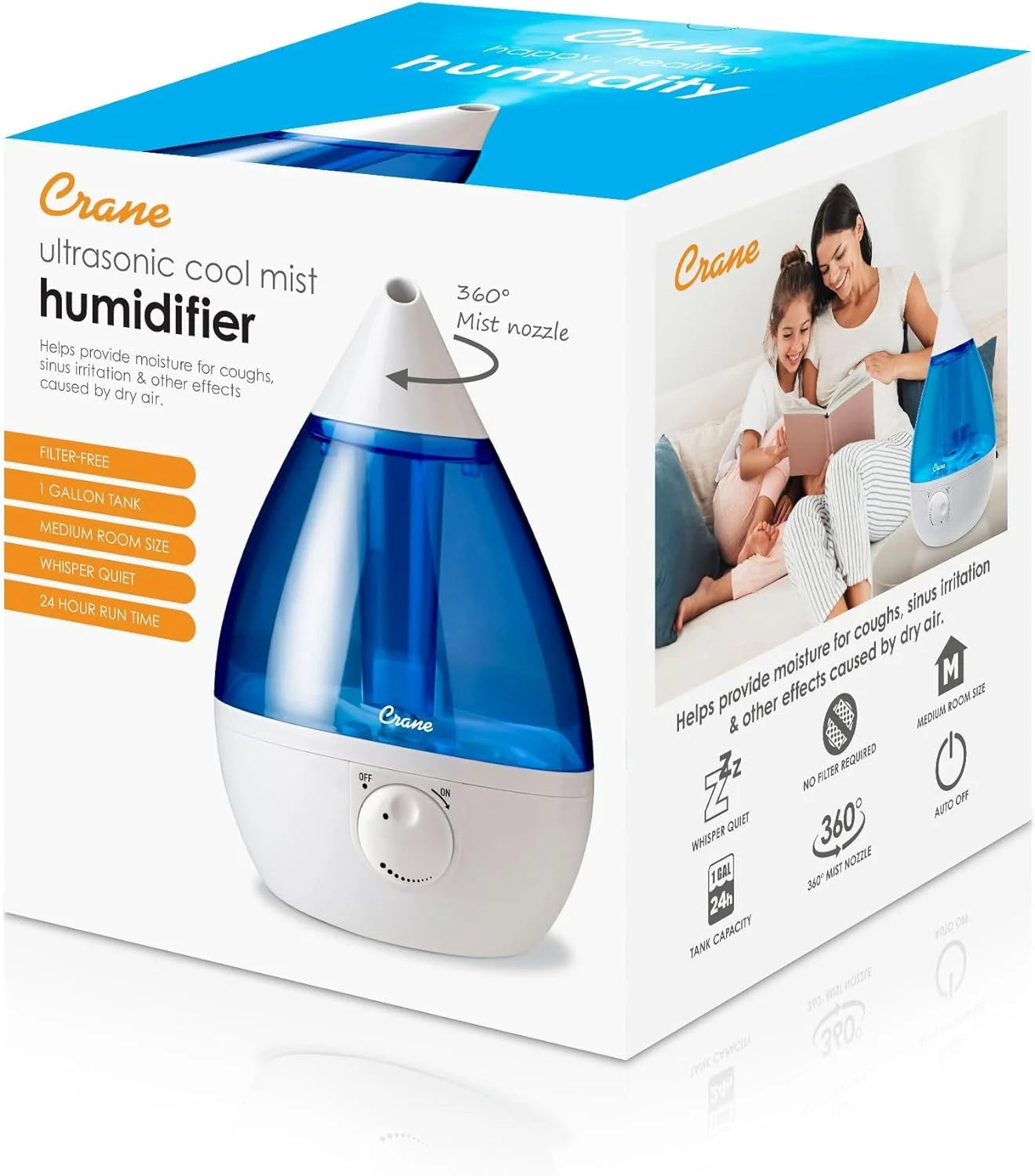 Crane - Drop Ultrasonic Cool Mist Humidifier Aqua - EE-5301B, Aqua