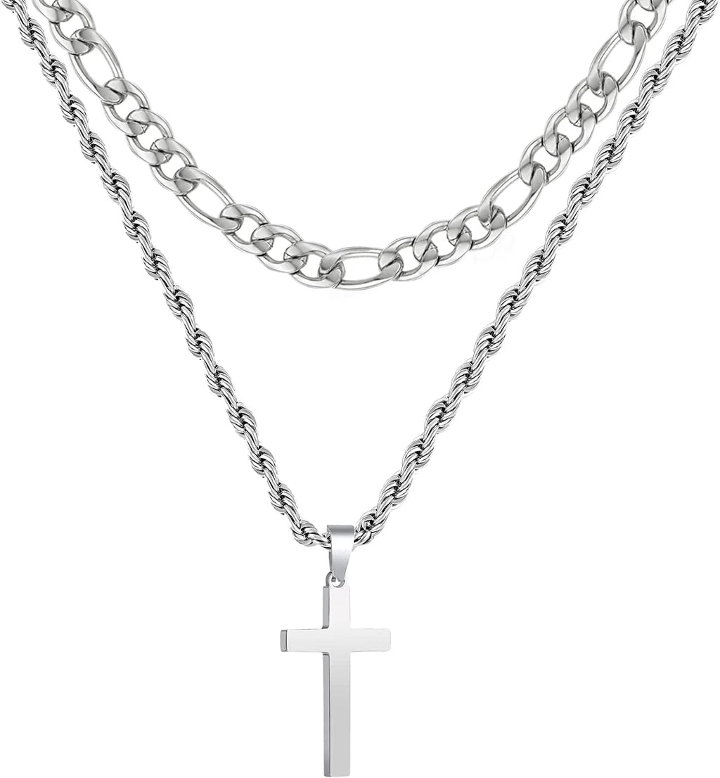 First Communion Graduation Fathers Day Jewelry Gifts for Men Boys Teen Dad Son Silver Cross Necklaces Stainless Steel Cross Pendant Chain Dad Him Kids Catholic Religious Christian Birthday
